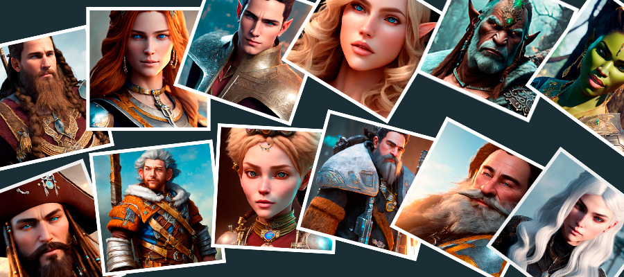 Scattered fantasy character portraits: warriors, elves, orcs, mages, and other faces for game dialogue.