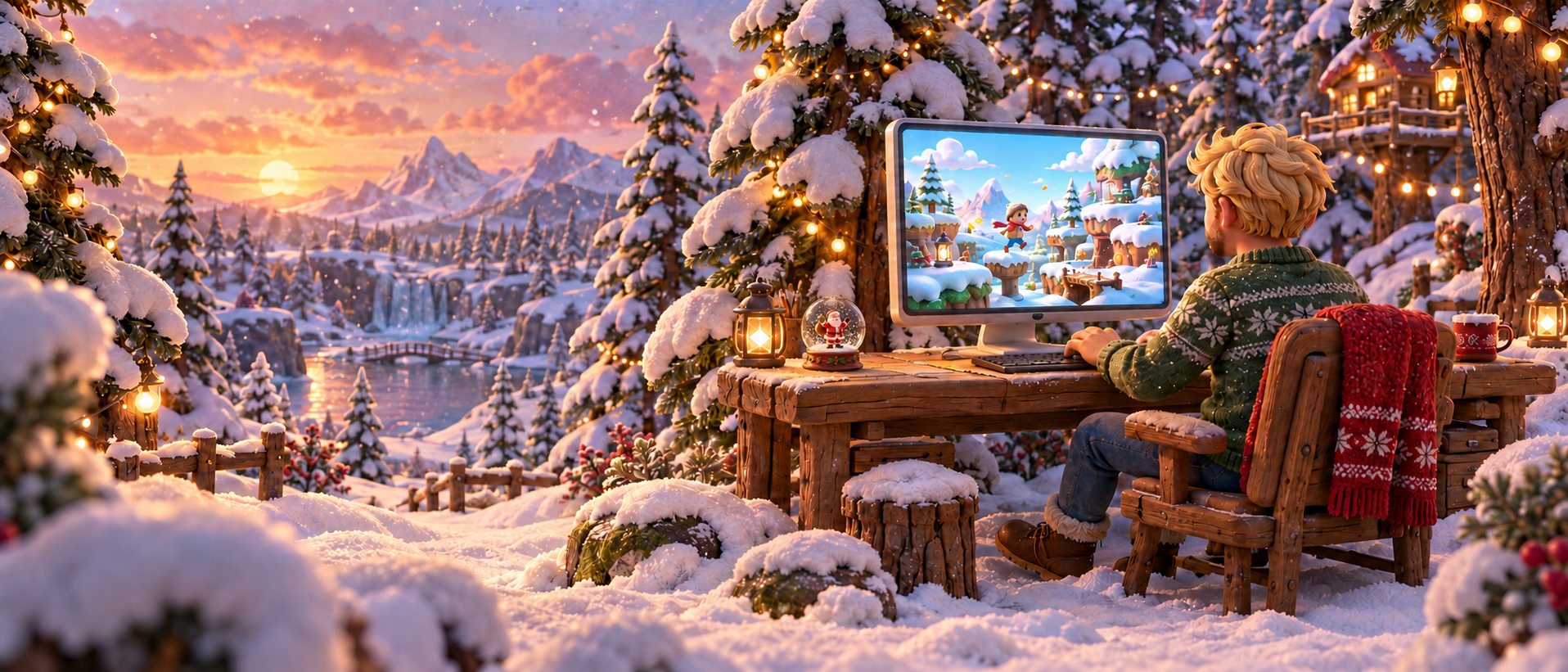 Illustrated winter evening: a developer at a wooden desk in a snowy mountain village, string lights in the trees, and a game on the monitor.